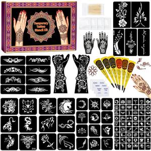 95 PCS Temporary Tattoos Stencils Kit,Temporary Tattoos Kit,6 Pcs 3 Color(black*3,brown*2 & Red*1) Ink with Gloves, 6 removal wipes,10 disposable cotton swabs DIY Body Art Painting for Adults Kids