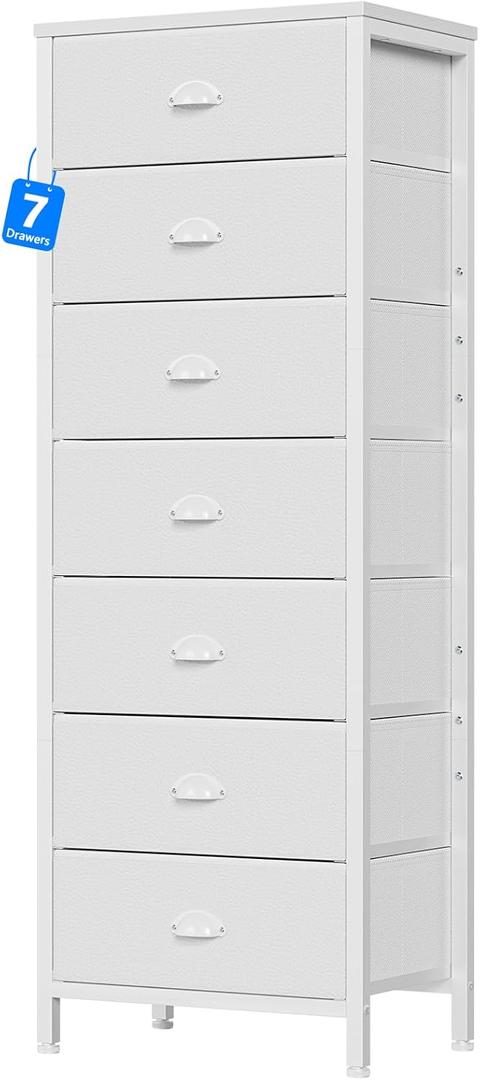Furnulem White Tall Dresser for Bedroom with 7 Drawers, Vertical Chest of Drawer in Closet, Nightstand Storage Tower Unit Organizer with Fabric Bins for Dorm, Living Room, Entryway, Hally way (11.8"D x 15.8"W x 43.3"H (7 Drawers))