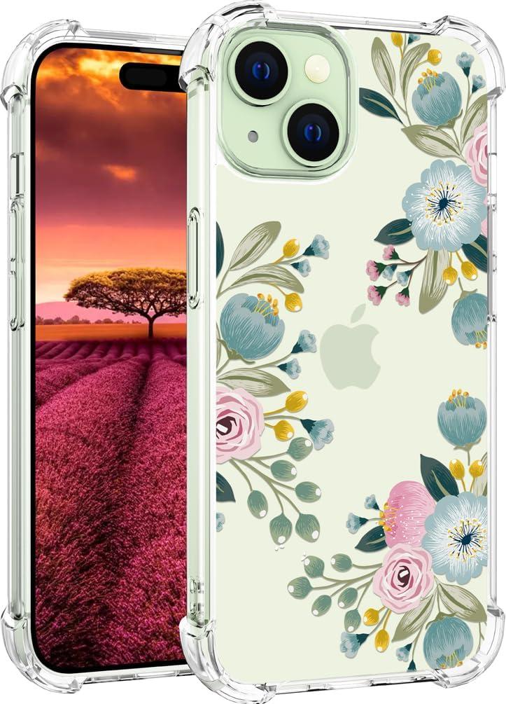 Compatible with iPhone 15 Plus Case Designer Cute Clear for Women,Cool Transparent Silicone Phone Cases Cover - Green Flower Vines