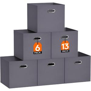 Lifewit 13 Inch Cube Storage Bins, Foldable Decorative Fabric Storage Baskets for Organizing Home Organizers with Metal Handles for Shelves, Closet, 36L Gray, 6 Packs
