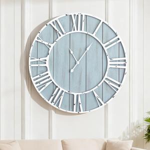 Quelay 20 Inch Coastal Wall Clock, Blue Farmhouse Vintage Wooden Clock with Roman Numerals, Quiet Ticking Battery Operated, Rustic Retro Decorative for Living Room Kitchen Office Home Decor