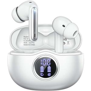 Wireless Earbuds, Bluetooth 5.3 Headphones HiFi Stereo 50H Playback LED Digital Display Ear Buds with ENC Noise Canceling Headset, IPX7 Waterproof Earphones for Gym/Running/Work（White）