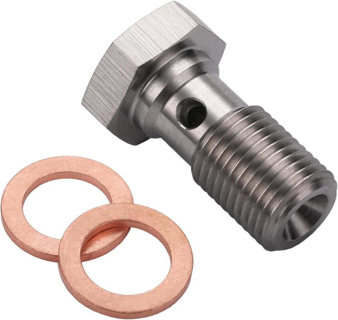 M10x1.25 Metric Stainless Steel Single Banjo Bolt Brake Fitting Adapter 20mm Long with Copper Washers