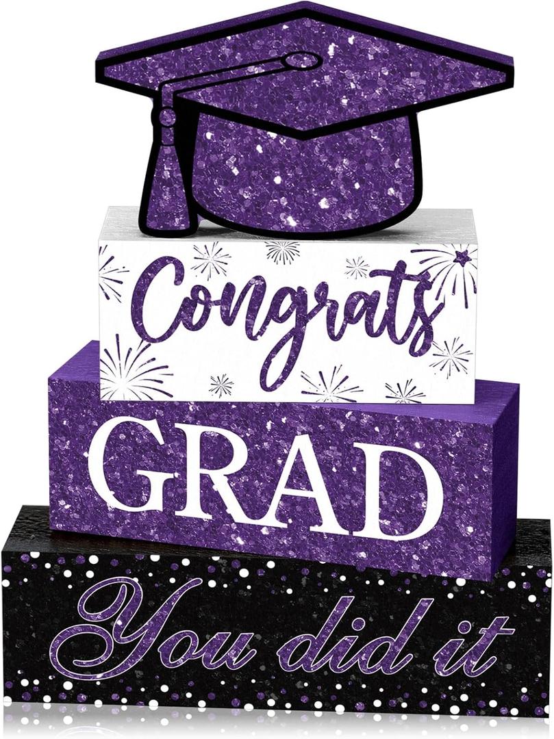 Cinnvoice 4 Pcs Graduation Table Decor 2026 Congrats Grad Centerpiece Class of 2026 Wood Sign Graduation Tiered Tray Decor Farmhouse Congratulate Gifts for Home Shelf Party Decorations(Purple)