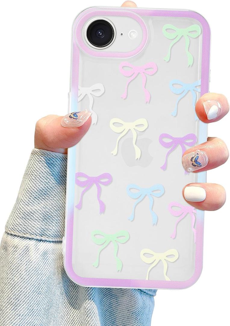 Jusy Compatible with iPhone 16e Bow Phone Case, Cute Clear Ribbon Bowknot Pattern Aesthetic Soft TPU Transparent Cases Protective Phone Cover for Women Girly - Colourful