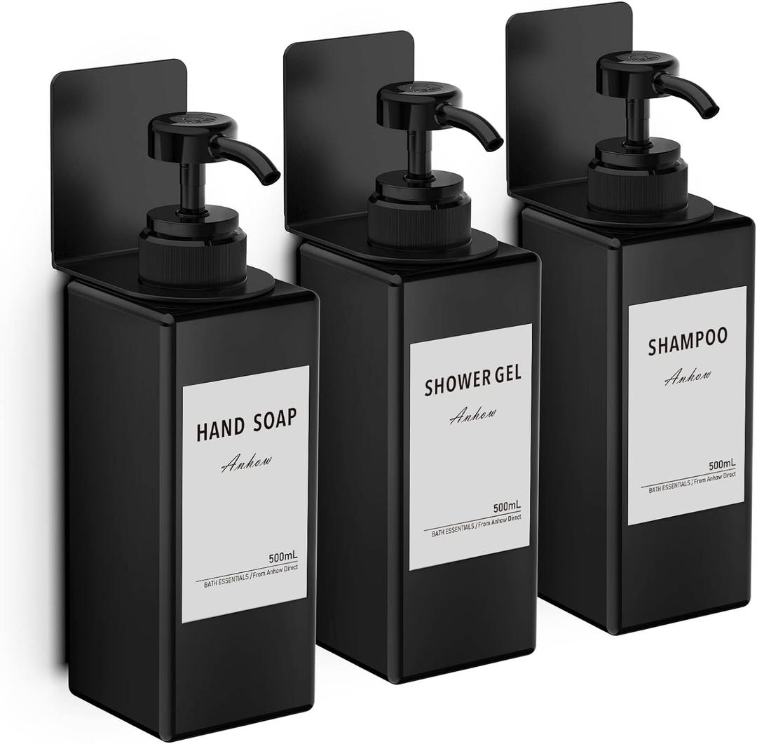 Shampoo and Conditioner Dispenser (Set of 3/16.9oz), No Drill Soap Dispenser Wall Mount Refillable Body Wash Dispenser with Category Labels for Kitchen Bathroom - Black