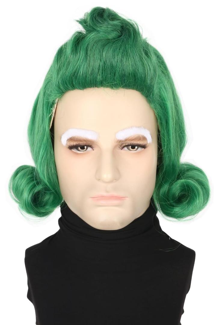Topcosplay Men or Women Green Short Wig with Eyebrow Halloween Outfit Costume Party Wigs