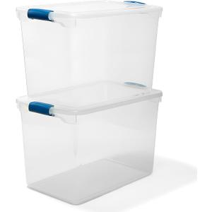 HOMZ 2-Pack Latching Lid, Clear Plastic Storage Organizer Bins, 112 Quart, Blue Latch - Stackable Organizing Containers for Home, Garage, and Office