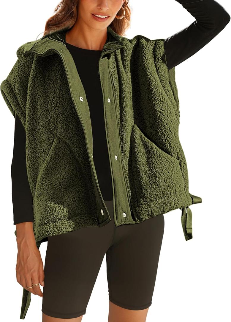 Gozoloma Women's Oversized Fleece Vest Sleeveless Casual Button Down Piecing Fuzzy Sherpa Gilet Jacket with Pockets (Large, Army Green)