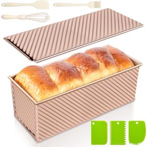 2.2lb Pullman Loaf Pan with Lid, Nonstick Carbon Steel Square Bread Pan for Baking Shokupan, Sandwich, Pain de Mie & Sourdough  Includes 6 Bonus Tools (Gold)