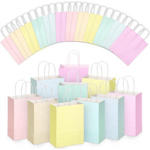Skyygemm 32 Pcs Paper Gift Bags Bulk with Handle, 6.3 x 3.2 x 8.6 Inch Assorted Colors Kraft Goodie Candy Treat Gift Wrap Bags for Carnival Valentine Birthday Party Favor(Pastel Color)