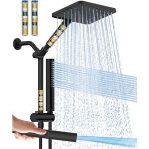 Filtered Shower Head with Handheld Combo High Pressure Shower Head with Filters 10 Inch Rain Shower Head Height Adjustable Dual Water Softener Shower Head for Hard Water - Removes Chlorine (Premium Matte Black)