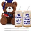 3 Pcs 2025 College Graduation Gifts for Her Congrats Grad Include Glass Cups and Stuffed Bear, Can Cups with Lids and Straws for College University Class of 2025 Party New Job(Blue)