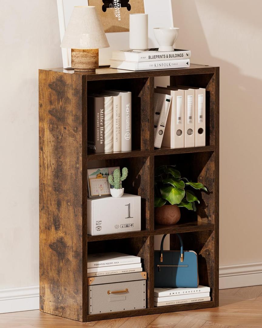 GTPLAYER 6-Cube Storage Organizer, Fits 11" Bins, Vertical or Horizontal Use, Opening Bookshelf, Partial Back Panels, Stackable Design Bookcase, for Closet, Bedroom, Vintage Brown