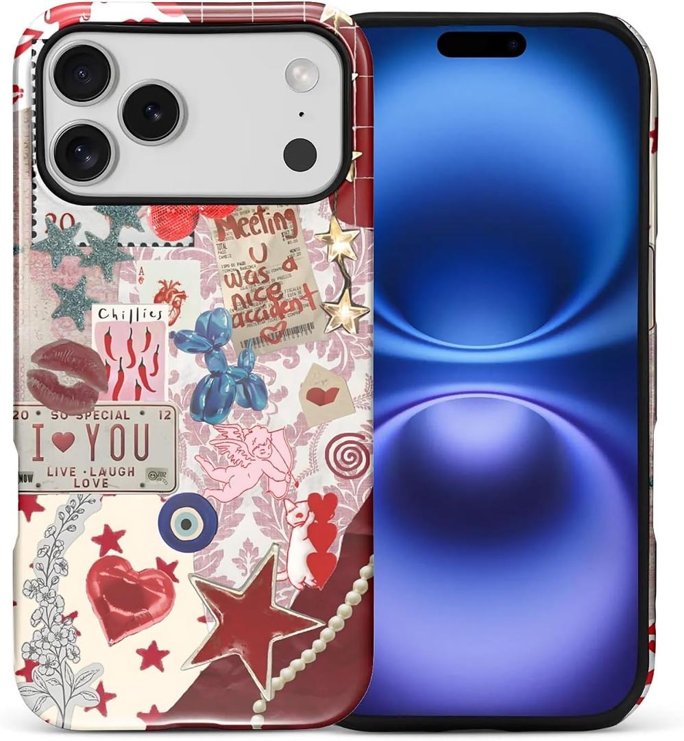 DAIZAG Case for iPhone 17 Pro Max,Mixed 2 Layer Design Shockproof Soft TPU Ddouble Protection Phone Case for iPhone 17 Pro Max-Conch Red Pearl Collage
