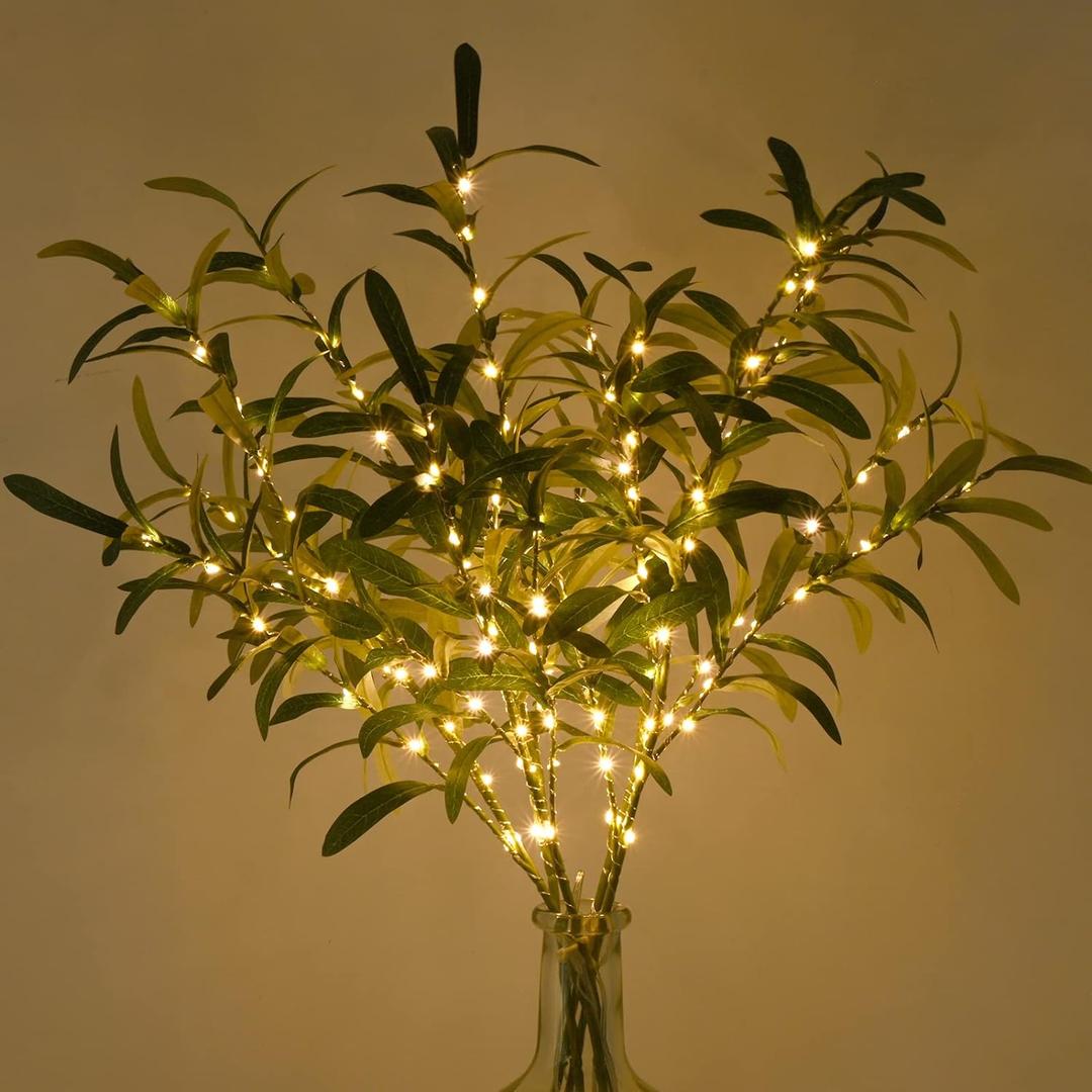 Waipfaru 5pcs 29'' Olive Branches for Vases with Battery Operated Lights, Lighted Olive Tree Branches with Timer, Artificial Greenery Stems Decor for Centerpieces Flower Arrangements Vases
