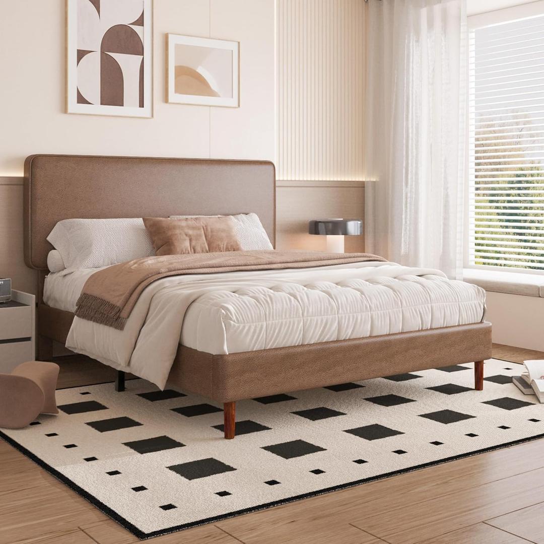 Queen Size Leather Platform Bed Frame with Adjustable Upholstered Headboard, Solid Wooden Legs, No Box Spring Needed, Easy Assembly, Noise Free, Brown