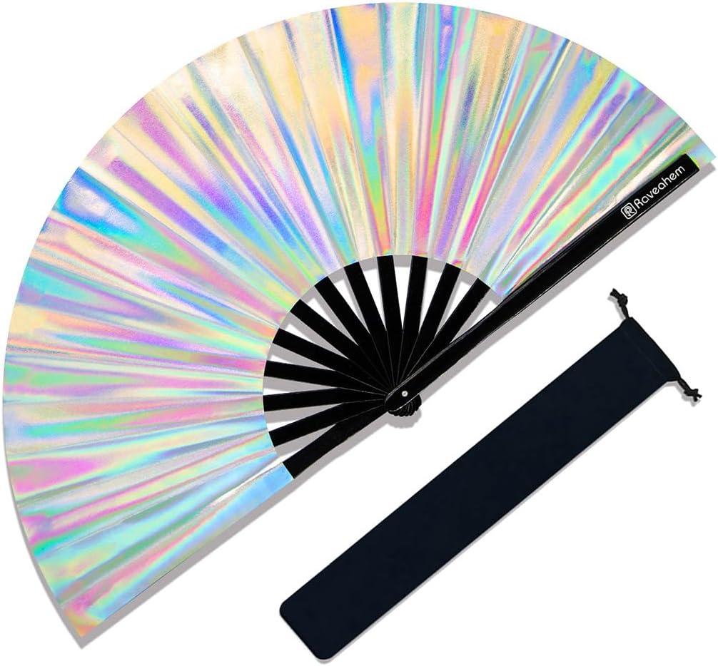 Large Rave Fan, Clack Folding Hand Fan with Premium Fabric, Thick Bamboo Frame for Men Women Gift for EDM, Festival, Club, Party, Dance, Decoration (Holographic Silver, 11")