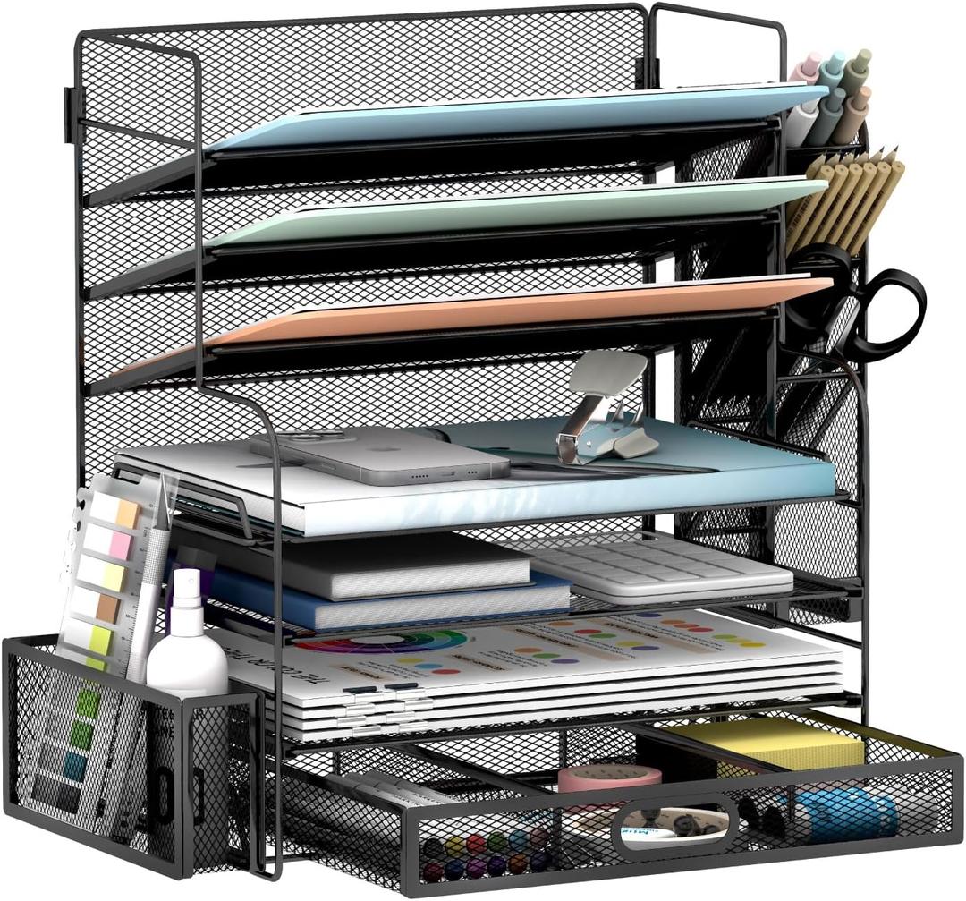 7 Tier Desk File Organizer Office storage Desk Accessories, Desktop Organizer for Office Supplies with Drawer and 2 Pen Holders (Black)