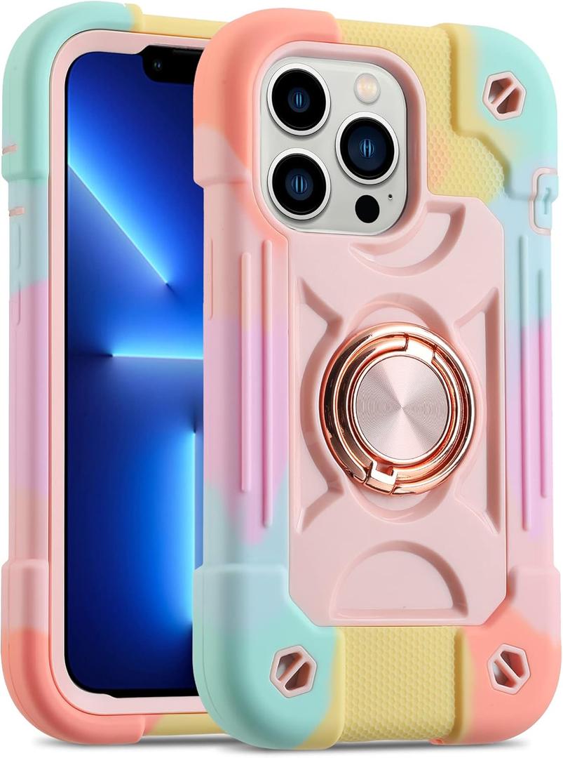 MARKILL Compatible with iPhone 13 Pro Max Case 6.7 Inch with Ring Stand, Heavy-Duty Military Grade Shockproof Phone Cover with Magnetic Car Mount for iPhone 13 Pro Max. (Rainbow Pink)