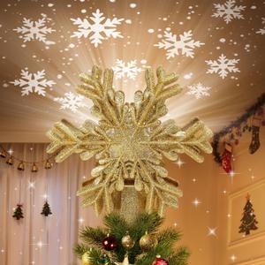 Christmas Tree Topper Lighted with Built-in LED Rotating Snowflake Projector, 3D Hollow Glitter Gold Snowflake Tree Topper for Xmas Party Holiday Christmas Decorations