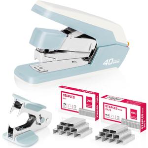 Deli Effortless Desktop Stapler, Heavy Duty Stapler, 40-50 Sheet Capacity, One Finger, No Effort, Includes 1500 Staples & Staple Remover, Blue