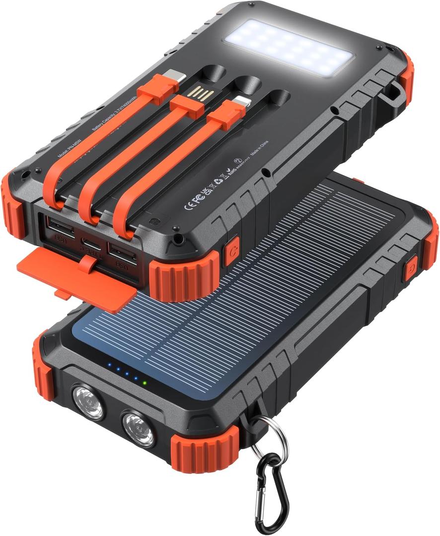 Power-Bank-Solar-Charger 45800mAh Fast Charging with 3 Built-in Cables LED Flashlight Portable External Battery Pack Compatible with All Smartphone, Tablet, Drone, Camera, etc. (Orange)