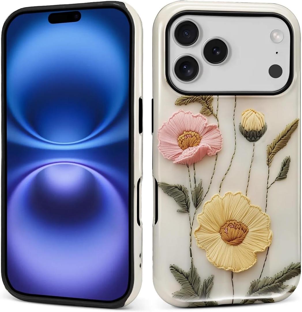 Case for iPhone 17 Pro Case,Faux Embroidery Boho Floral Design Hybrid Dual Protection Silicone Hard PC Shockproof Full Body Cover Slim Anti Scratch Protective Case for Men Women