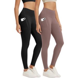 ODODOS 2-Pack Full Length High Waist Workout Leggings with Pockets for Women, 28" Tummy Control Athletic Yoga Pants, Black+Purple Taupe, Large 