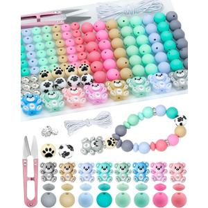 124PCS FIVEIZERO Silicone Focal Beads for Keychain Making, Animal Bear, 15mm Round 12mm Lentil & 10mm Rhinestone Beads for Pens, Bracelets & Crafts with Elastic Cord & Scissors
