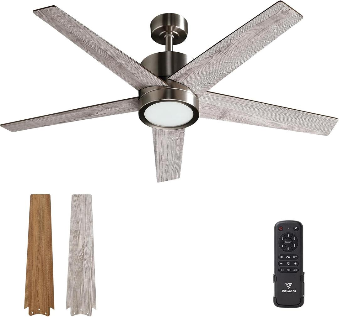 52 Inch Ceiling Fan Brushed Nickel Remote Controlled Dimmable Light Combo - Quiet Reversible DC Motor - 5 Blades