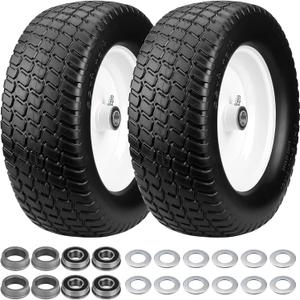 2 Pack 15x6.00-6 Flat Free Tire and Wheel, Solid Lawn Mower Tires 15x6.00-6, 15x6.00-6 Solid Tires （White Rim)