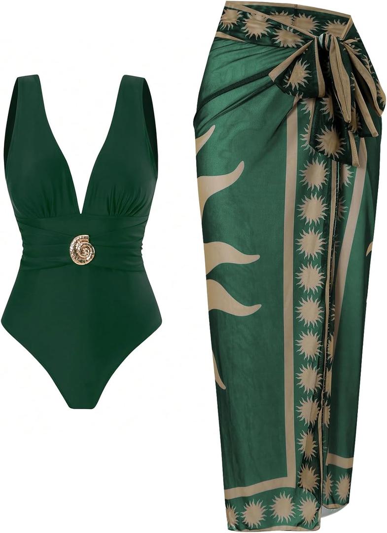 SherryDC One Piece Swimsuit with Cover up Wrap Skirt Sarong Floral Print Plunge V Neck Bathing Suit for Women (Small, 151-green)
