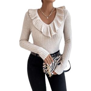WDIRARA Women's Ruffled V Neck Ribbed Knit Tee Stretch Long Sleeve Sweater Casual Textured Tops, S