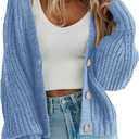 PRETTYGARDEN Women's Chunky Knit Open Front Sweater Long Sleeve Button Loose Short Cardigan Outerwear Coats (Blue, M)