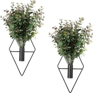 2 Pcs Hallway Decor Hanging Planters, Artificial Eucalyptus Wall Plants with Modern Geometric Design, Black Boho Wall Decor for Indoor Spaces, Stylish Home Accent for Living Room, Hallway & Bedroom