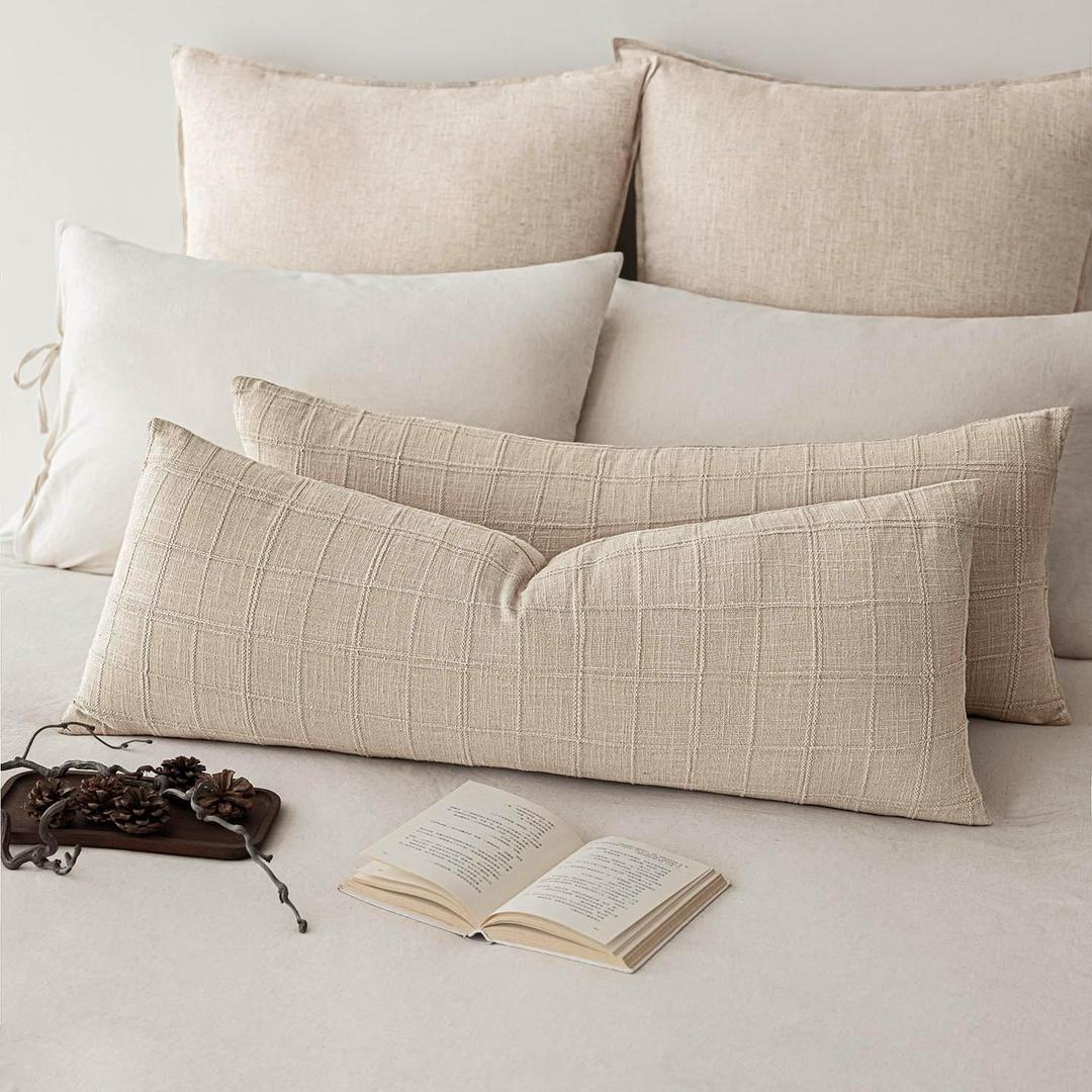Foindtower Set of 2 Decorative Linen Check Throw Pillow Covers Neutral Long Body Lumbar Cushion Covers Farmhouse Vintage Home Decor for Sofa Chair Couch Bedroom Living Room,1436 Inch,Natural Linen