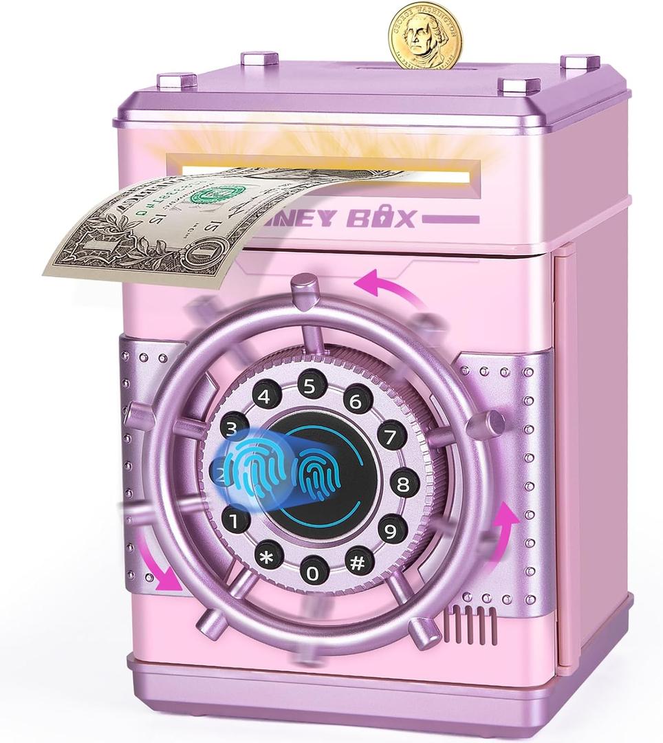 Refasy Piggy Banks for Girls, Electronic Money Bank Password Money Safe Cash Coin Piggy Bank, Fingerprint Simulation Bank Toys for 3 4 5 6 7 8 9 10 12 Year Old Girls Kids Birthday Xmas Gifts (Pink)