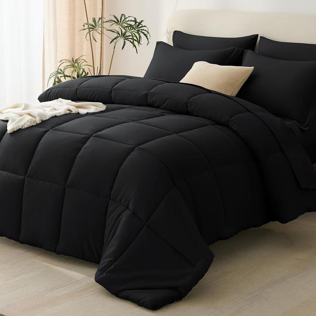 CozyLux King Size Comforter Set, 7-Piece Bed in a Bag, Black | OEKO-TEX Certified, Box-Stitched Design, 240 GSM Down Alternative Fill, All-Season Comfort, Sheets, Pillowcases & Shams