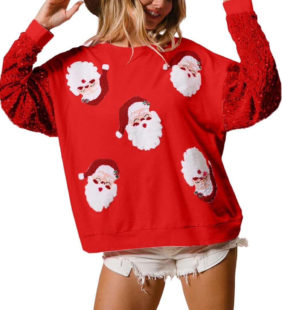 Seyumixi Women Christmas Sequined Long Sleeve Sweatshirt Cute Glitter Santa Holiday Crewneck Pullover Tops Xmas Gifts, Cute Santa Red, X-Large