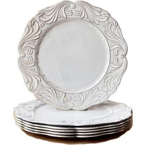 Antique White Charger Plates with Gold Rim, 13" Embossed Plastic Table Chargers for Dinner Plate, Set of 6 Elegant Wedding Decor.