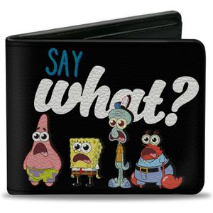 Buckle-Down Men's Standard Nickelodeon Wallet, Bifold, Spongebob Squarepants and Friends Say What Group Pose, Vegan Leather, 4.0" x 3.5"