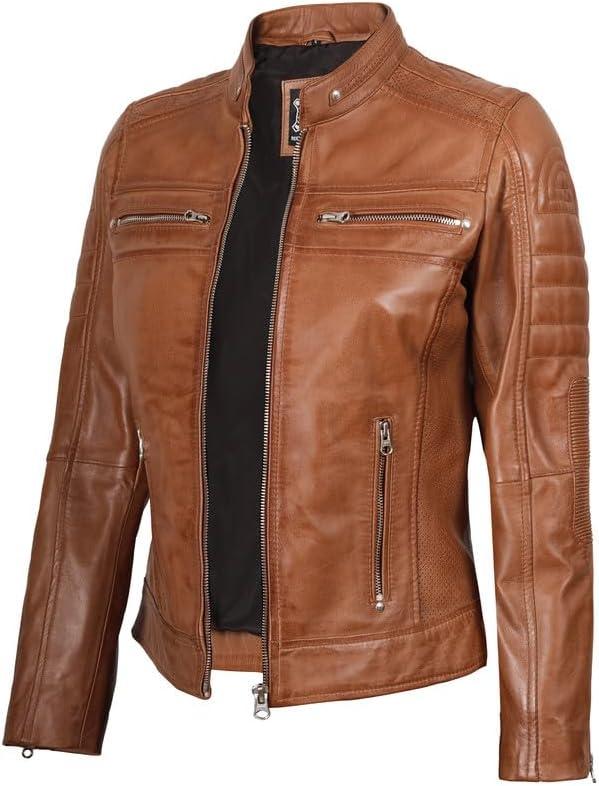 Blingsoul Cafe Racer Leather Jacket Womens - Real Lambskin Leather Jackets for Women, Medium