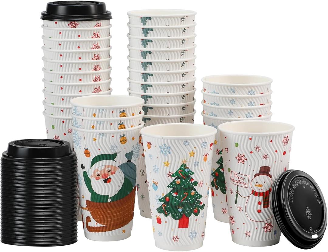 100 Count Christmas Paper Cups, Xmas 16 oz Disposable Coffee Cups Snowflake Santa Snowman Elk Christmas(16oz 100Count)