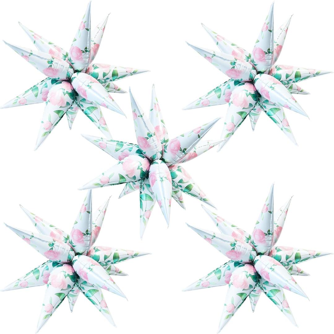 32inch Explosion Star Balloons 5 * 12 Pcs Foil Flower Print Spike Balloons for Wedding Birthday Spring New Year Party Decorations (Green Pink Flower)