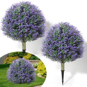 24" Artificial Topiary Ball Tree with Flower Set of 2,Outdoor Fake Topiary with Ground Spike,UV Resistant Faux Artificial Plant Bushes for Indoor Outdoor Front Porch Garden Decor(Purple)