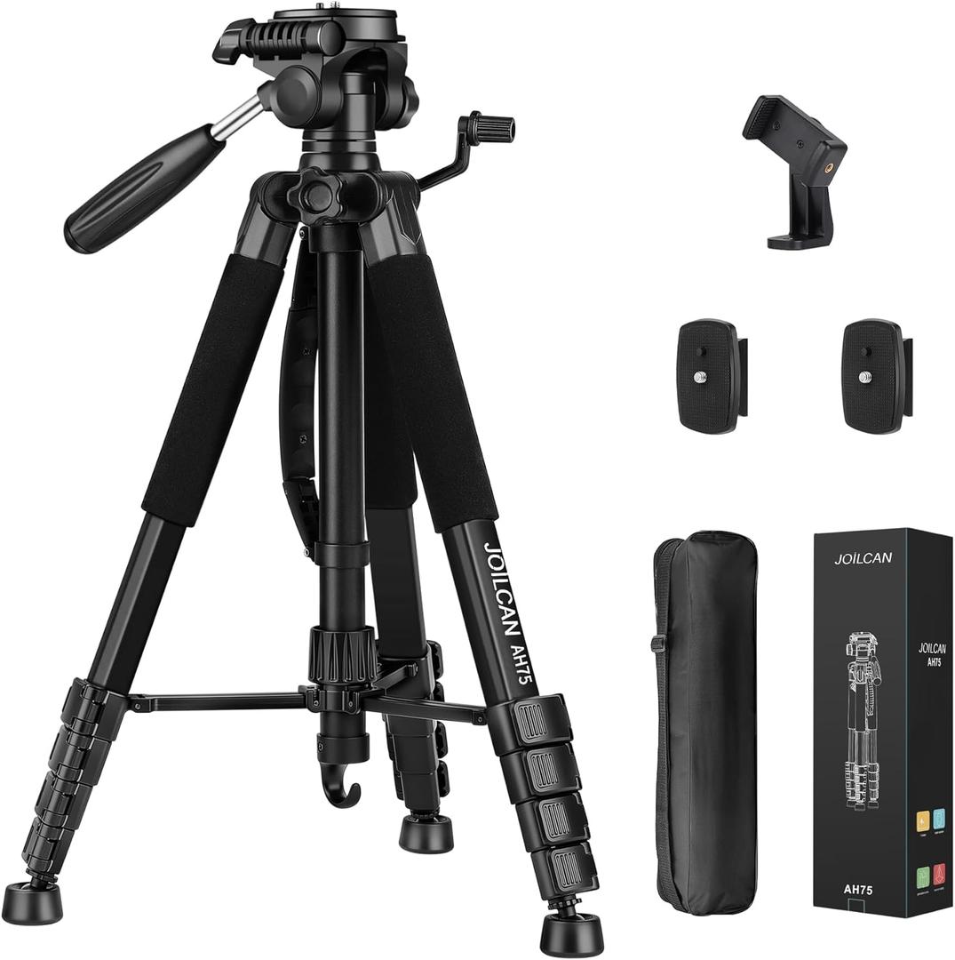 JOILCAN Tripod Camera Tripods, 74" Tripod for Camera Phone Video Recording, Heavy Duty Cameras Tripod Stand, Professional Travel DSLR Tripods Compatible with Canon iPhone, Max Load 15 LB (Black)