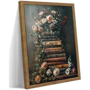 Vintage Framed Wall Art Flowers Books Canvas Prints, Dark Academia Wildflowers Oil Painting, Botanical Book Pictures Artwork for Living Room Bedroom Study – Dark Wooden Frame 12x16in