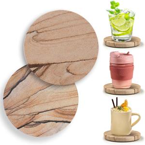 Almagic Natural Sandstone Coasters Set of 2 (No Holder), 4 in Dia Drink Coasters for Coffee Table, Water Absorbent & Heat Resistant Cup Coasters for Home & Office, Christmas Birthday Gift