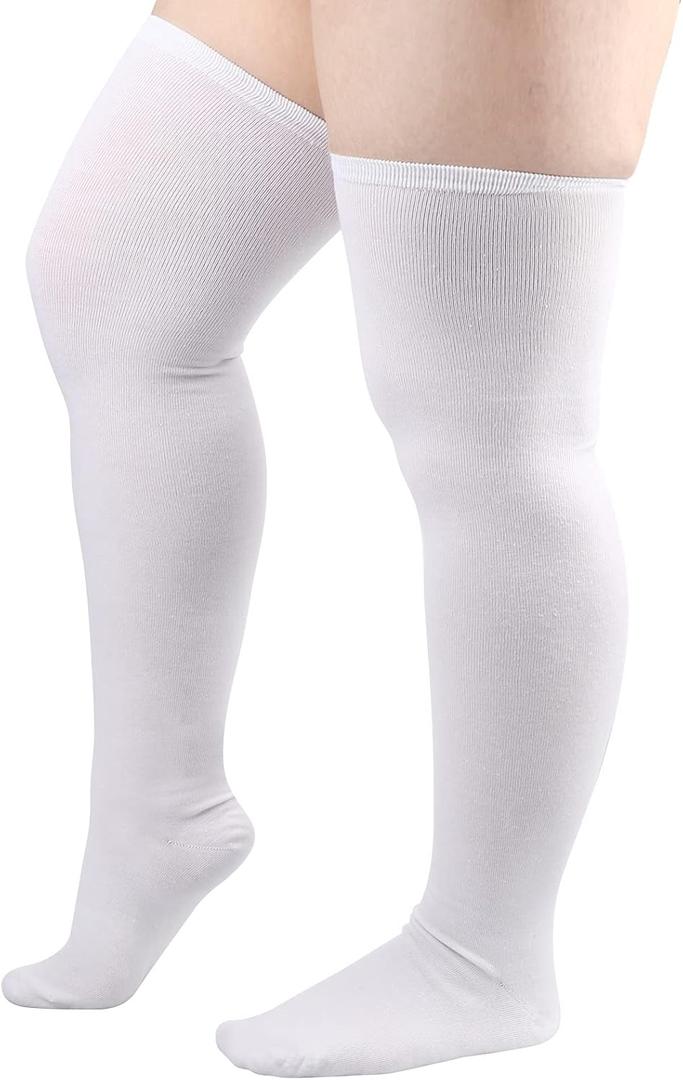 DRESHOW Plus Size Thigh High Socks Striped Over Knee Long Boot Stockings Knee High Tube Socks Leg Warmers for Women (1 Pair Plus Size: White / Fits 135-220 Lbs)
